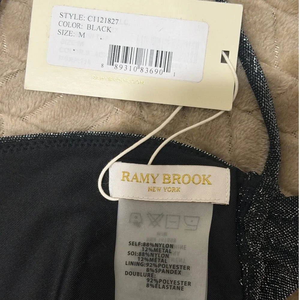 Ramy Brook Luxury Swimwear Bikini Top Women Medium Black Metallic Ruffle Halter